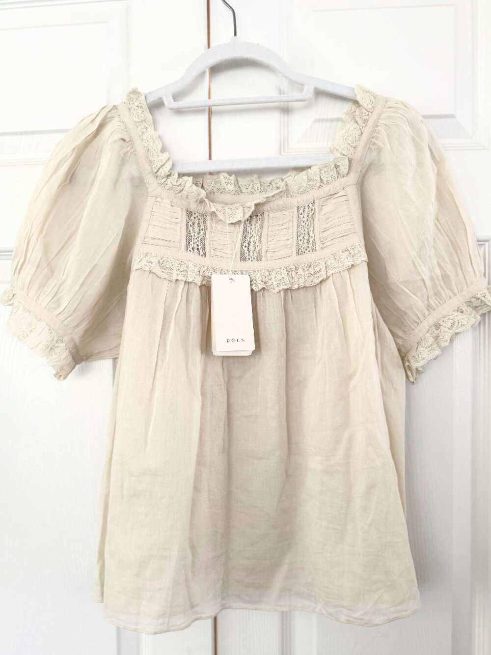 DÔEN Frances Lace Inset Cotton Blend Top in Alabaster Size Small NWT